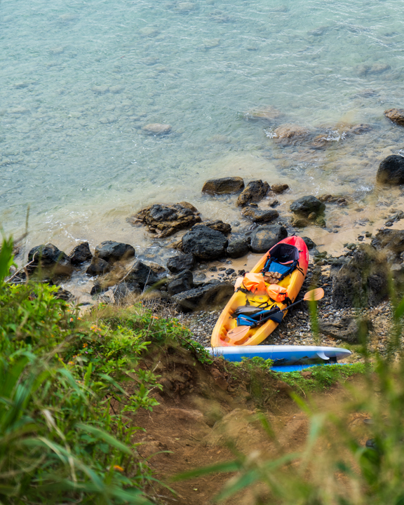 A kayak beached on an island