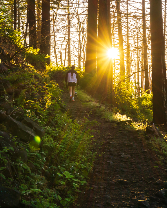 Woman hiking up a forest path and the sun shining through the trees