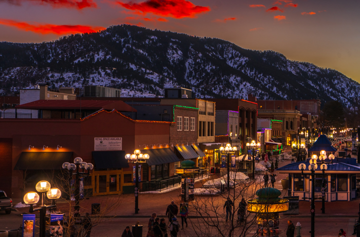 Shops infront of mountains in Boulder, CO