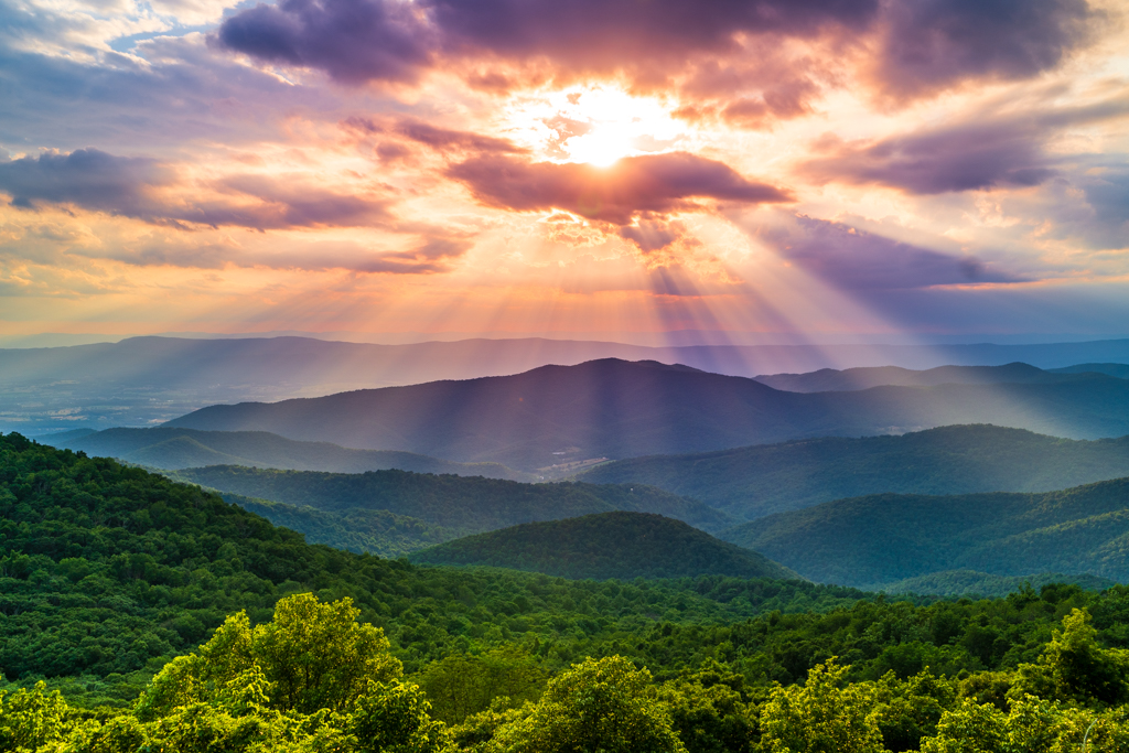 colorful sunset over Shenandoah National Park